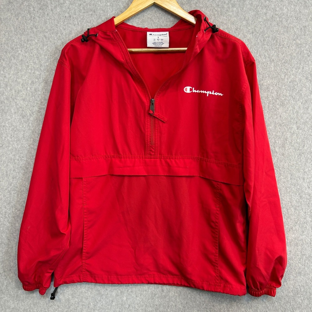 Champion Windbreaker Pullover Red 1/4 Zip Hooded Athletic Jacket Mens Small READ